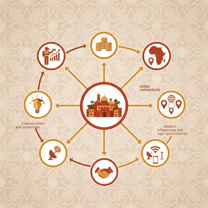 Digital marketing professionals working in Marrakech with symbolic landmarks and data charts