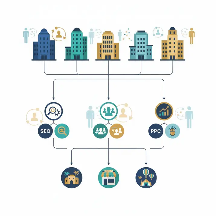 Digital marketing agency team at work in Marrakech, showing service icons and the cityscape
